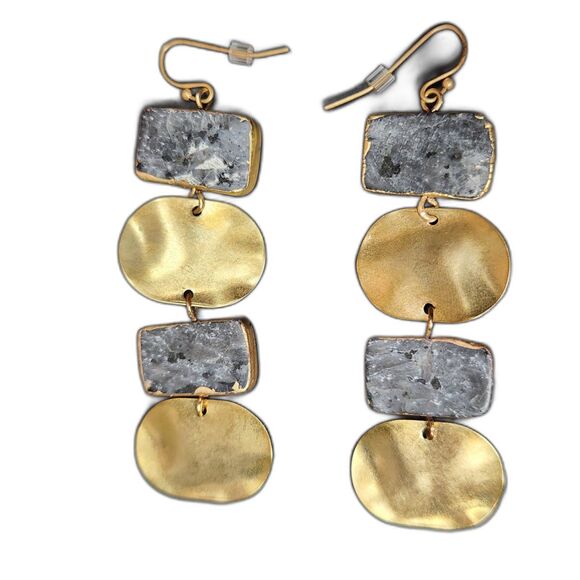 Boho Chic Gold & Gray Stone Dangle Earrings Geometric Modern Statement Luxury - Picture 3 of 6